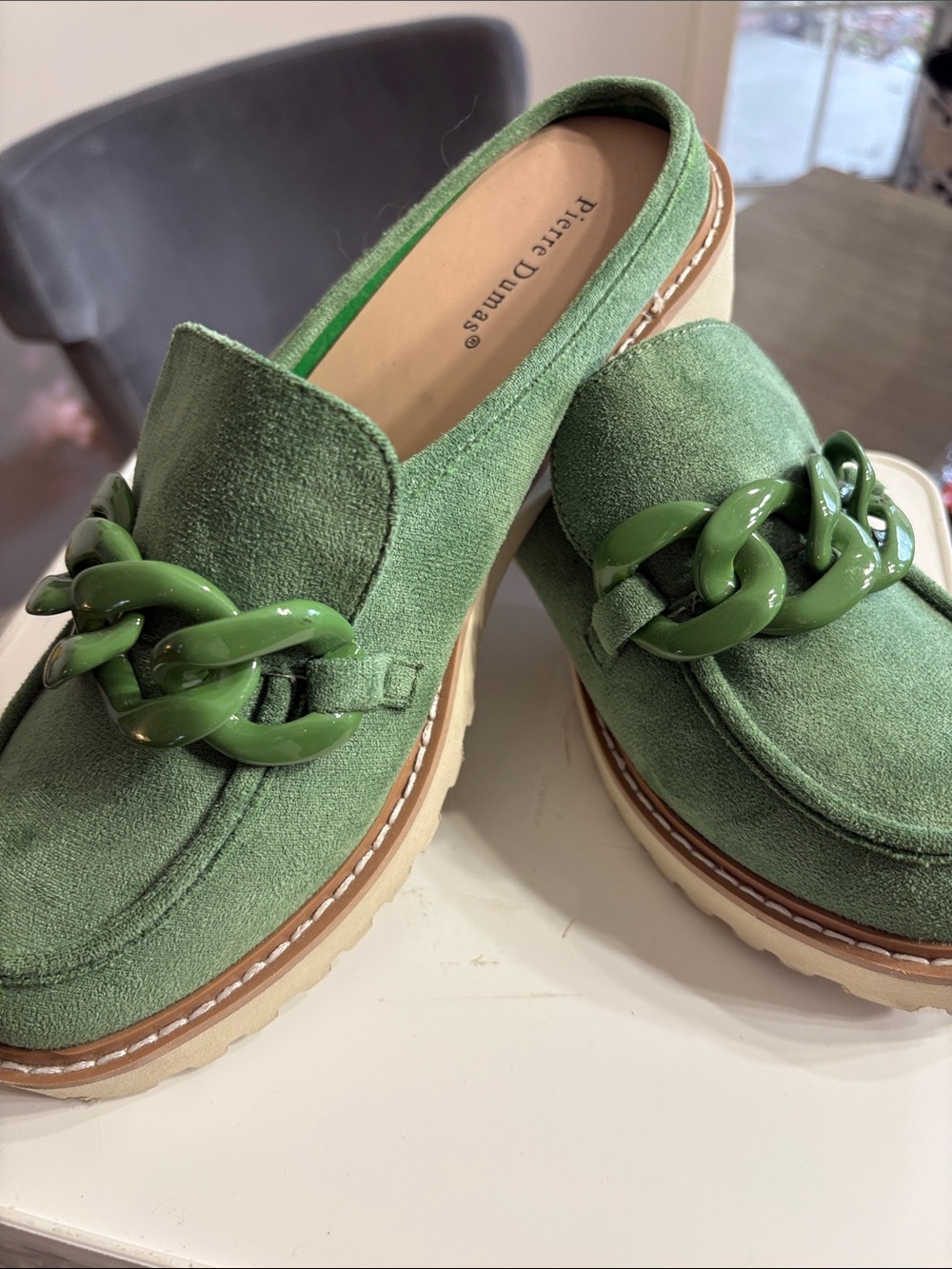 Pierre Dumas Olive Green Suede Chain-Accent Loafers